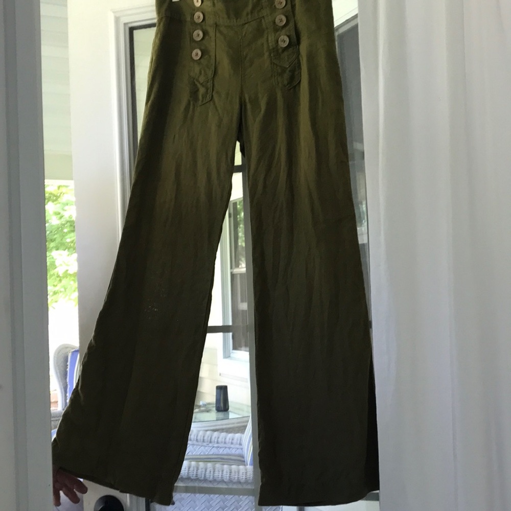 Anthropologie Green Linen Sailor Button Front Beach Pants Sz 0